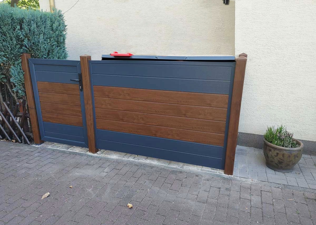 Mülltonnenverkleidung Sichtschutz Müllcontainer Holzoptik Nussbaum anthrazit mit Tür PVC