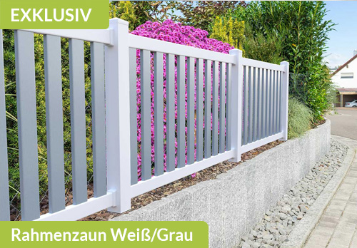 Rahmenzaun mit Tor aus Qualitäts-Kunststoff in Weiß/Grau