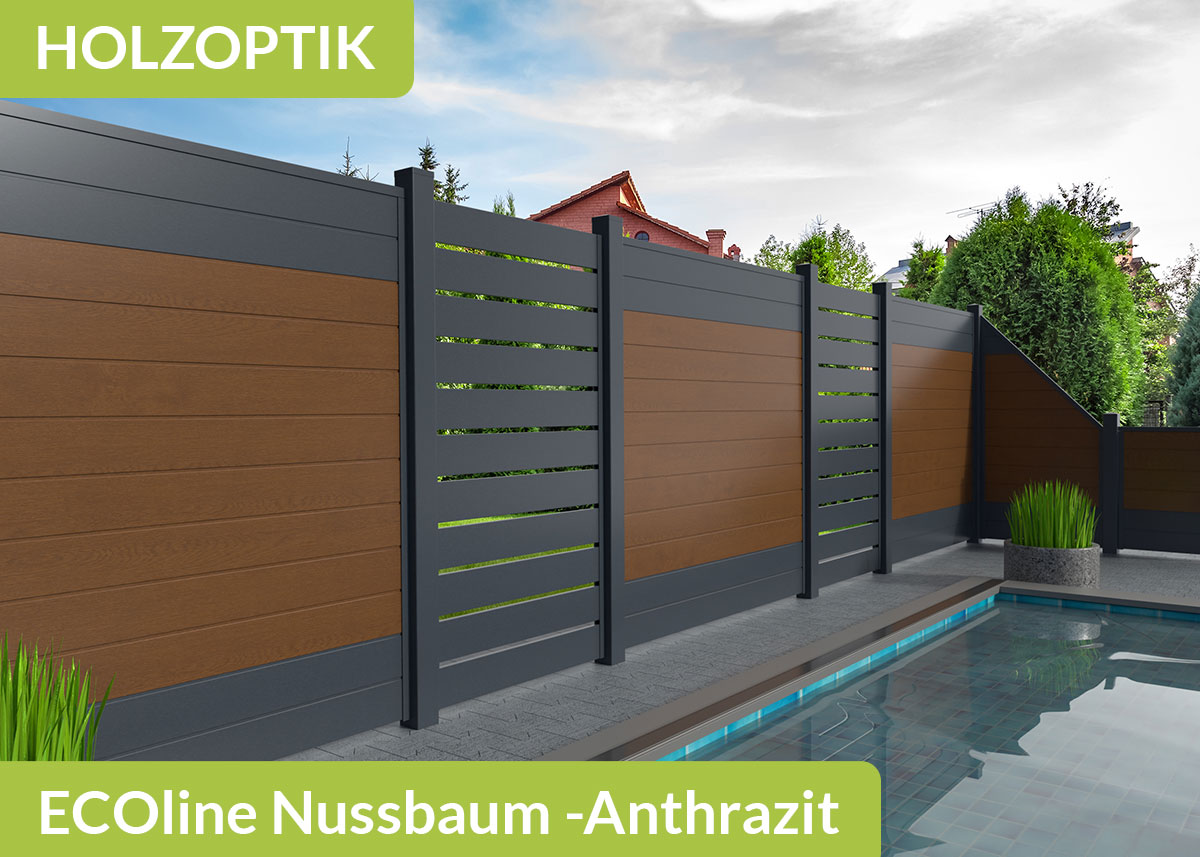 Sichtschutzzaun der Baureihe Ecoline mit Spaltsichtschutz  in der Farbkombination Holzoptik Nussbaum mit Anthrazit aus Kunststoff