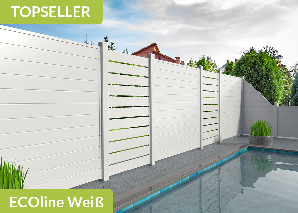 Sichtschutzzaun der Baureihe ECOline  mit Spaltsichtschutz  in Weiß aus Kunststoff