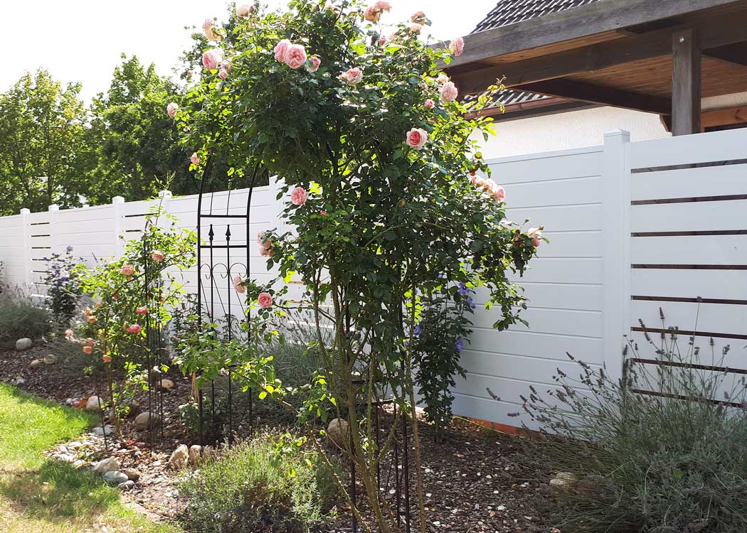 Sichtschutzzaun in weiß aus Kunststoff mit Spalt Spaltsichtschutz im Garten